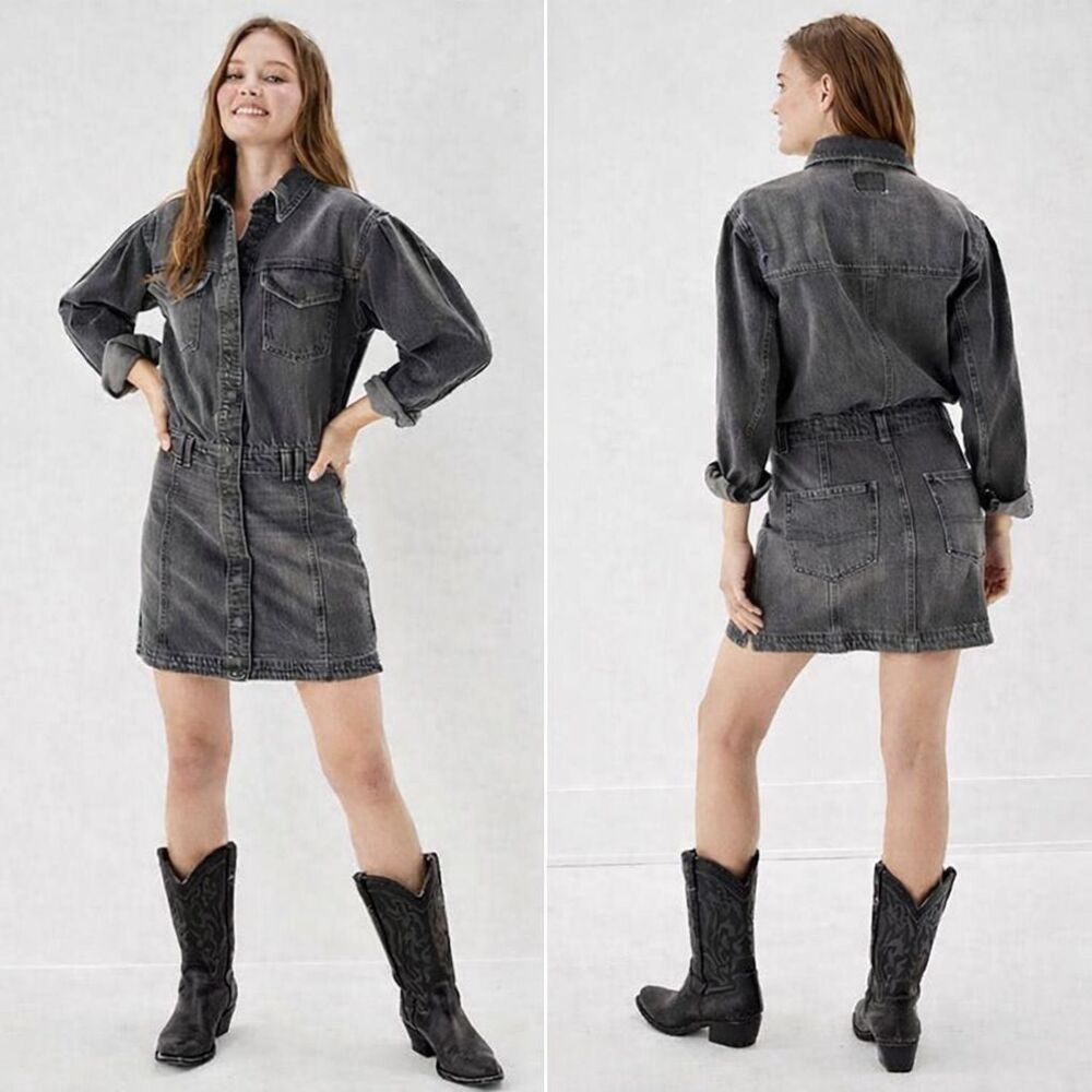 American Eagle Charcoal Denim Snap Front Shirt Dress Mini Western Acid Wash XS